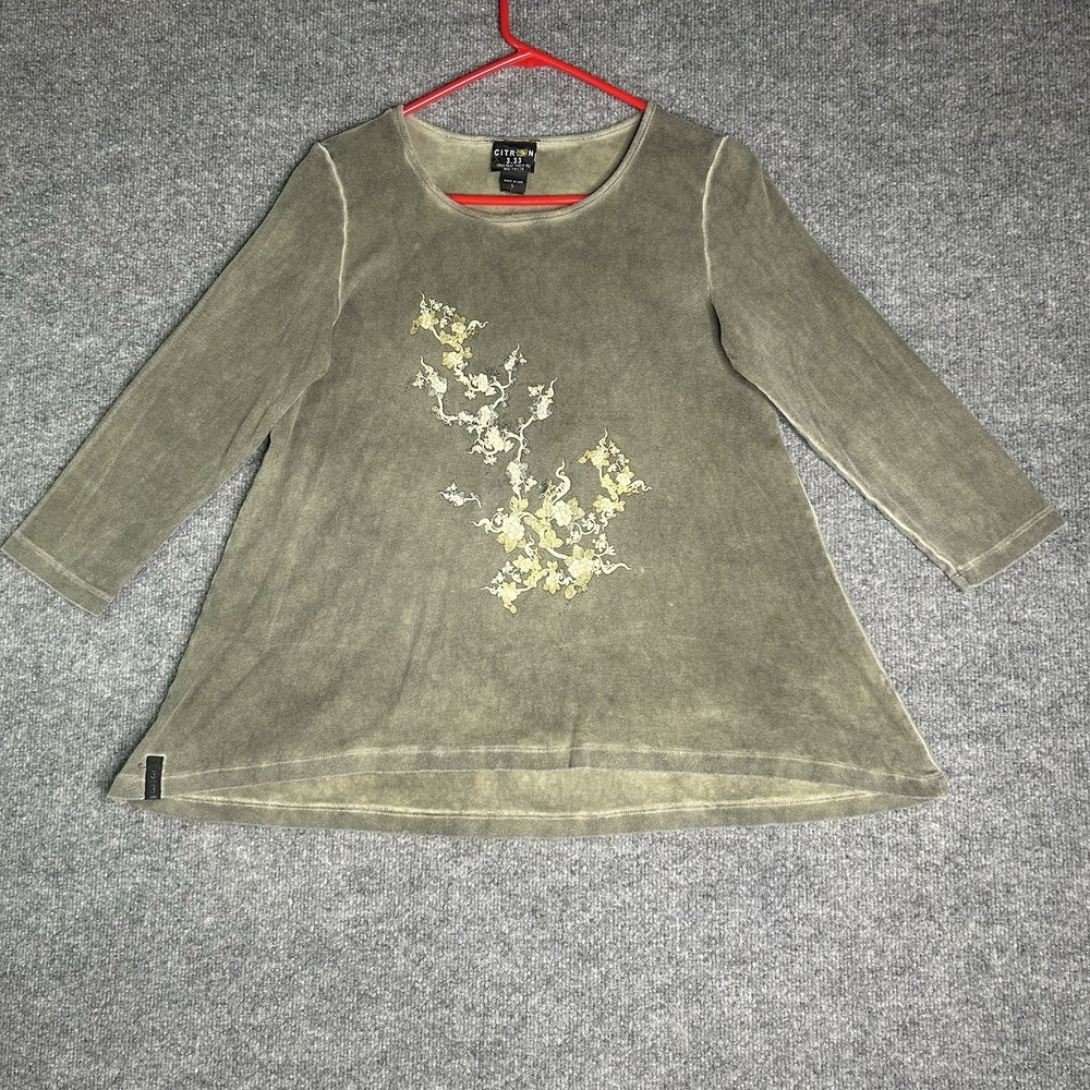 Citron 3.33 Tunic Top Long Sleeve Washed Green Floral‎ Graphic Size Large